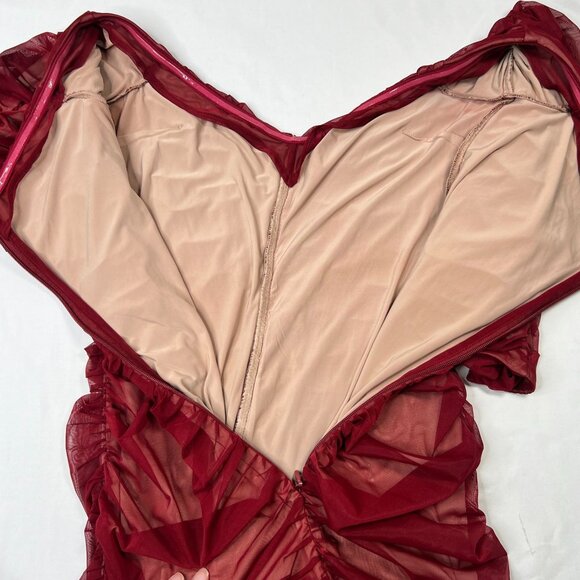 House of CB London Fifi Dress Sheer Ruched Mini Off Shoulder Red Wine Medium - Picture 12 of 16